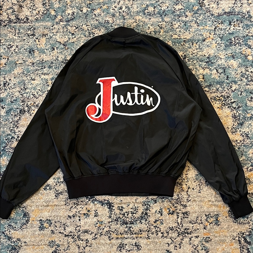Vintage Justin Boots Logo Black Bomber Wind Breaker Size M